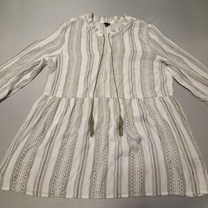 Lee Womens Top XL Peasant Green White Boho Tassles V Neck